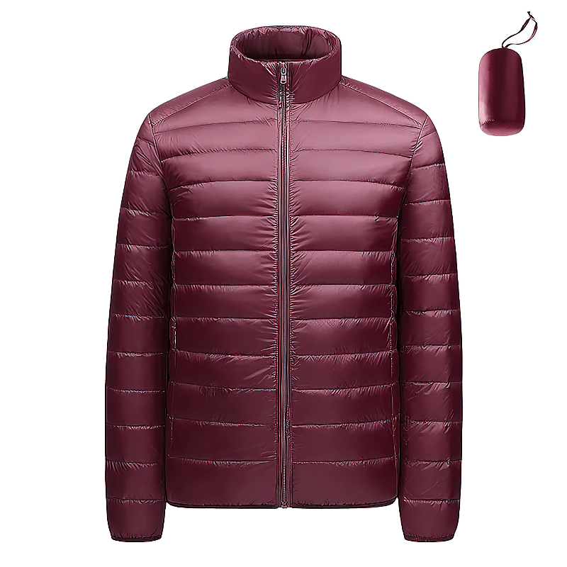 Men's insulated down jacket with stand collar, lightweight nylon in maroon, SF1996 model, perfect for outdoor activities, warmth guaranteed.