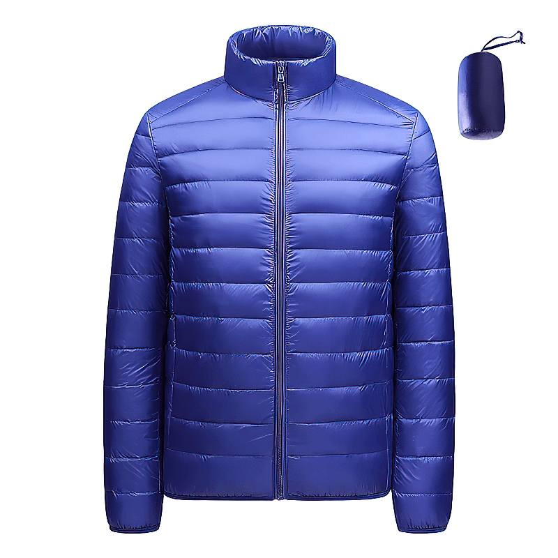 Men's blue insulated down jacket with stand collar, packable design, perfect for outdoor activities. Waterproof and breathable SF1996.