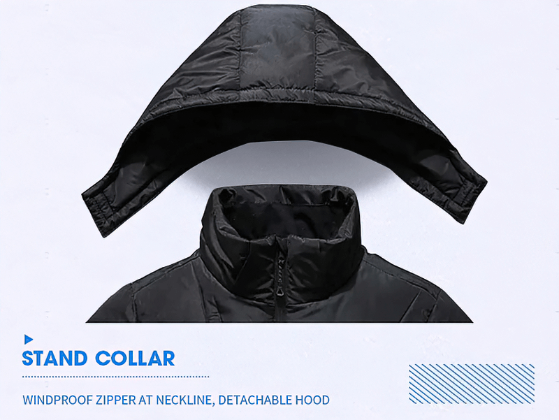Men's Insulated Puffer Jacket with removable hood, showcasing windproof stand collar and zipper, perfect for winter warmth and style.