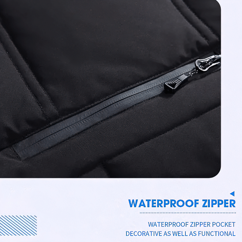 Close-up of waterproof zipper on men's insulated puffer jacket, highlighting functional and decorative design.