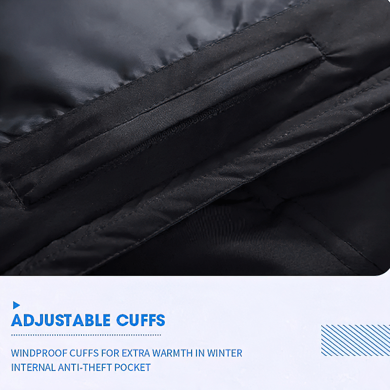 Close-up of black puffer jacket with adjustable cuffs, windproof for extra warmth, featuring an internal anti-theft pocket and stylish design.