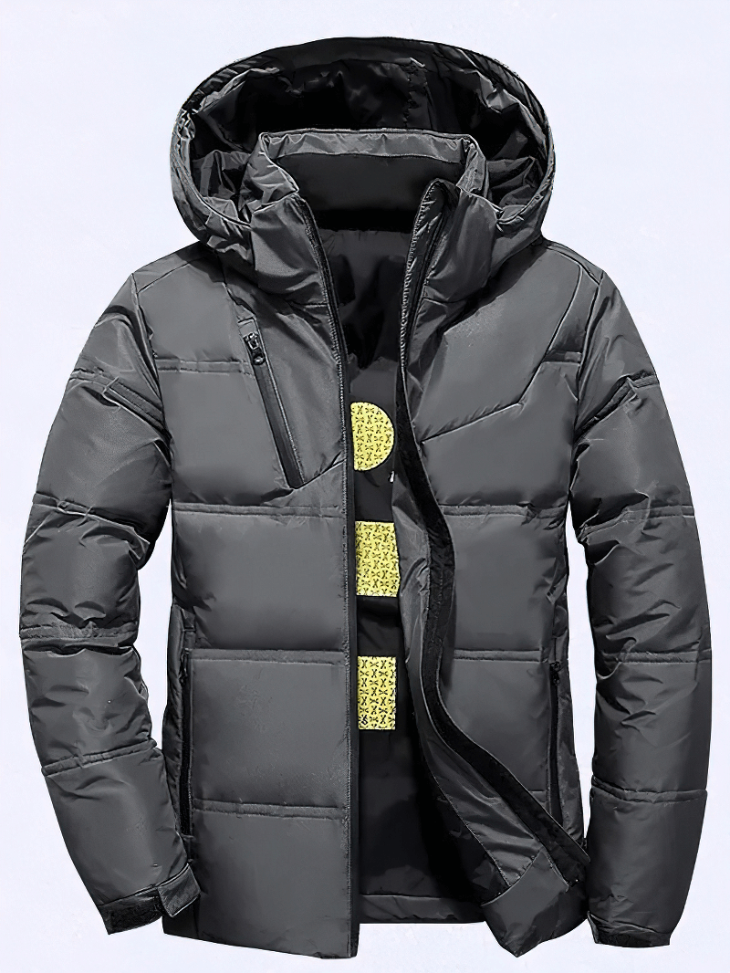 Men's insulated puffer jacket with removable hood, full-length zipper, warm duck down filling, in sleek black color - Model SF1981.