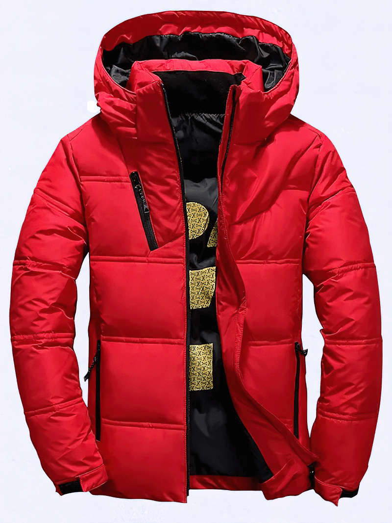 Men's red insulated puffer jacket with removable hood, front view, full-length zipper, polyester fabric, white duck down filling for warmth