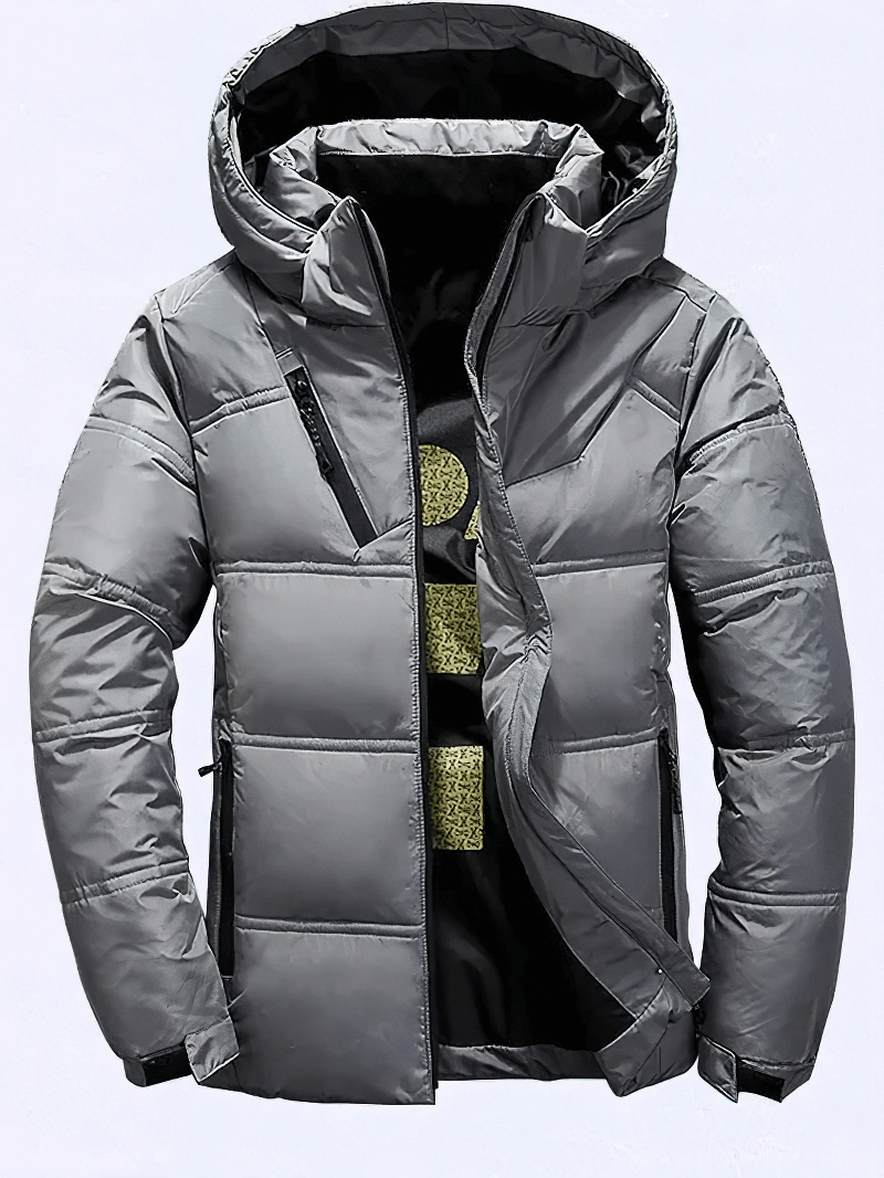 Men's insulated puffer jacket with removable hood, featuring high-quality polyester and white duck down filling for winter warmth.