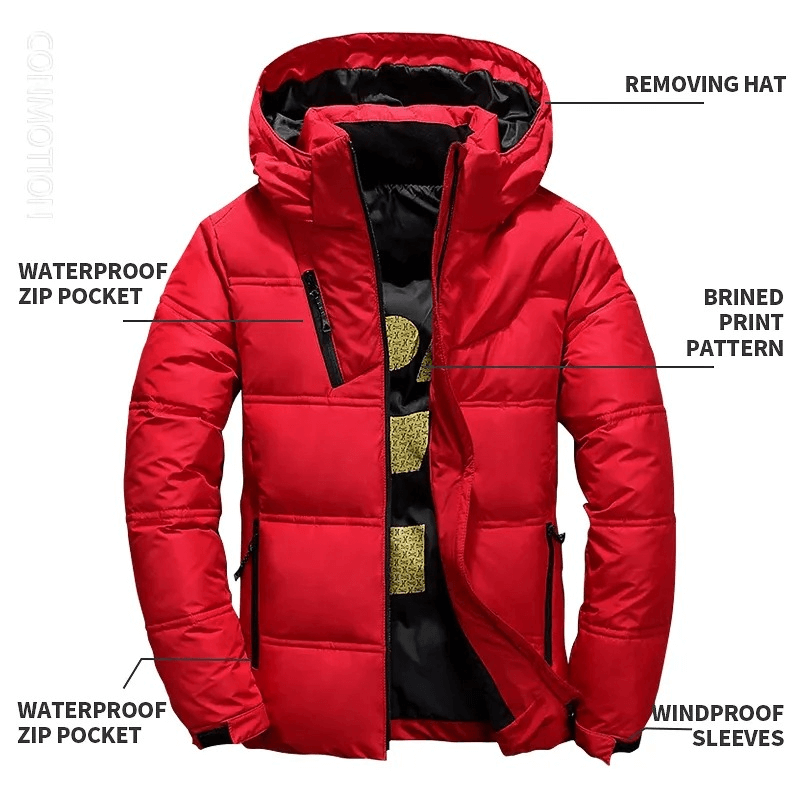 Men's insulated red puffer jacket with removable hood, waterproof zip pockets, and windproof sleeves. Ideal for winter warmth.