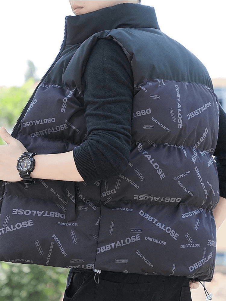 Men's insulated puffer vest with detachable hood and letter pattern, perfect for winter outerwear, model SF1935.