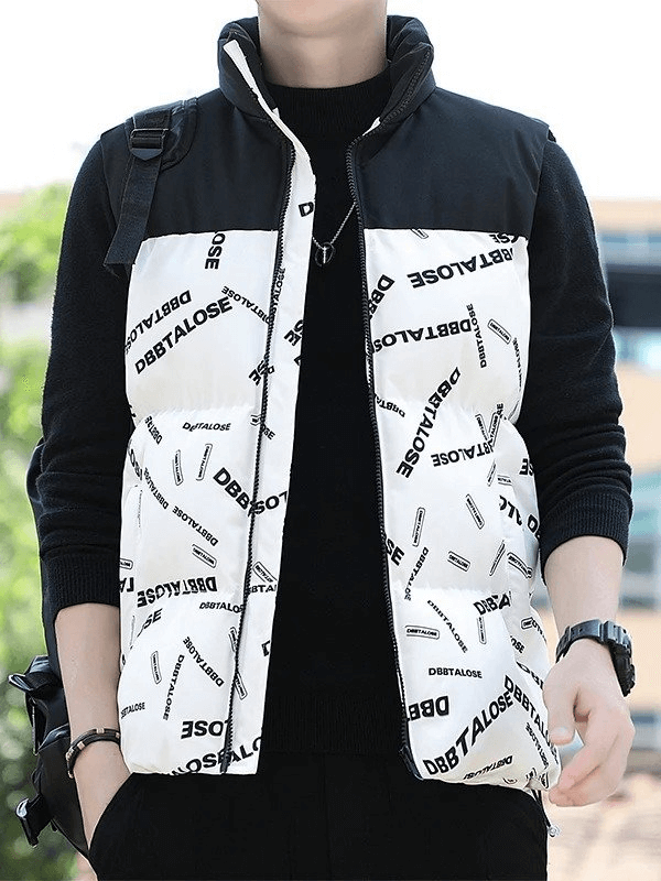 Men's insulated puffer vest with letter pattern, zipper closure, and turn-down collar, offering lightweight warmth and style for winter.
