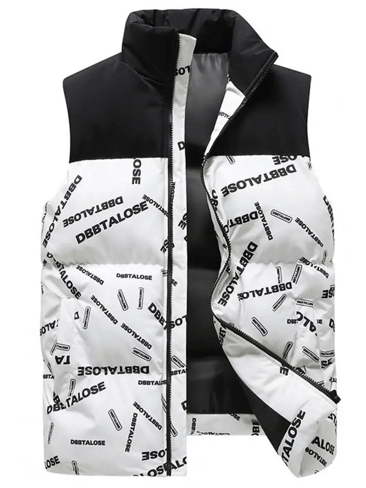 Men's insulated puffer vest with letter pattern, turn-down collar, and zipper closure, in white and black, SF1935 model.