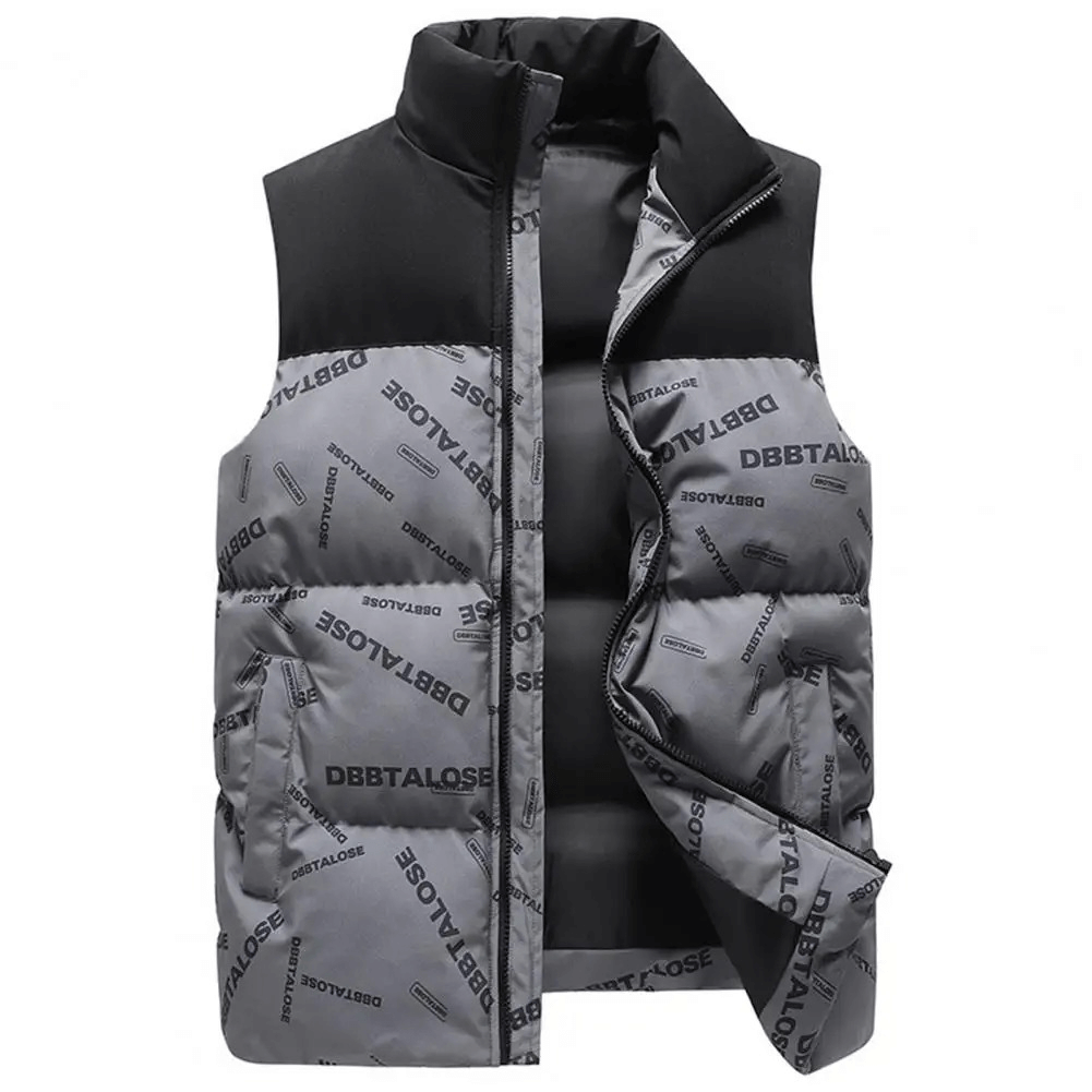 Men's insulated puffer vest with letter pattern, zip closure, polyester fabric, and detachable hood. Stay warm and stylish in winter.