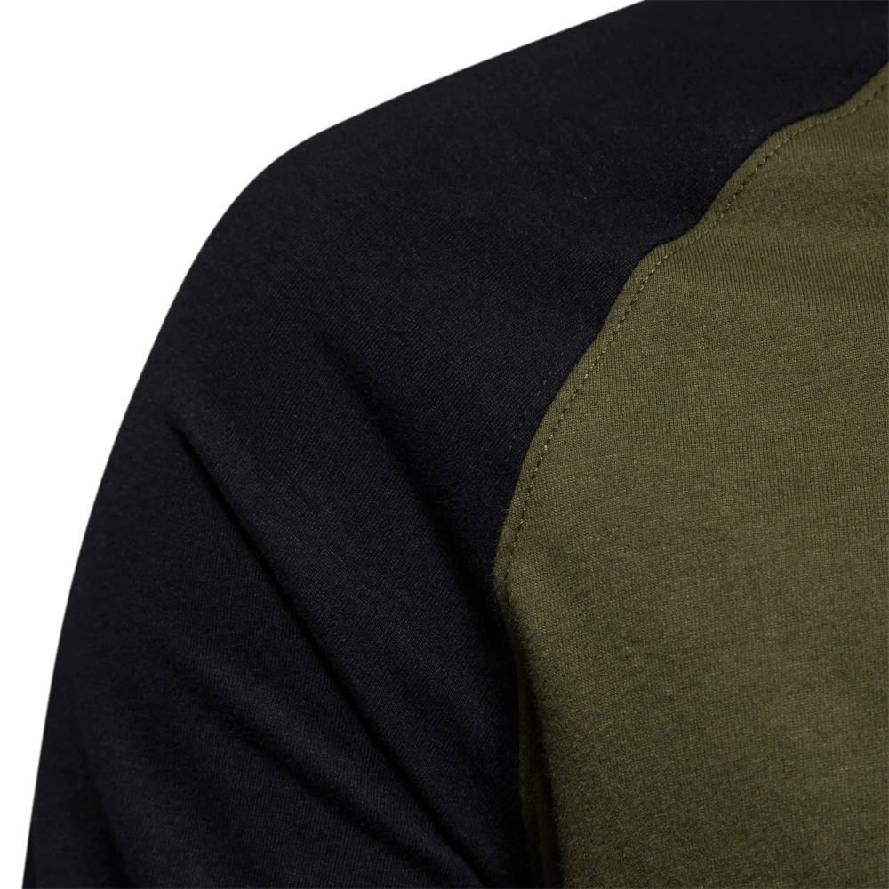 Close-up of men's cotton top with black and olive green patchwork design, featuring full sleeves, breathable fabric, and stylish O-neck.