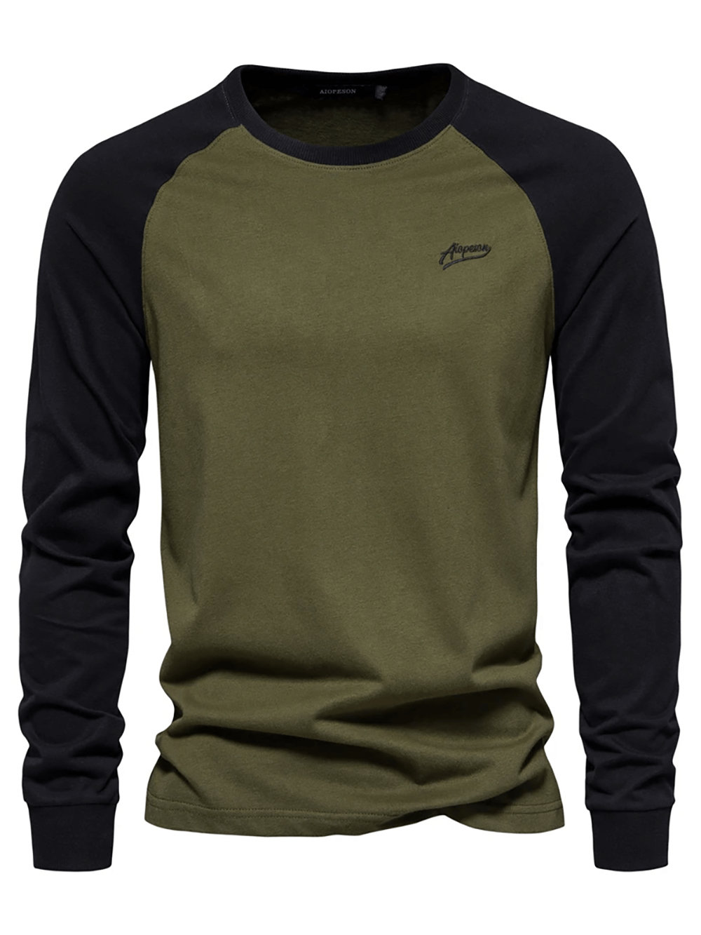 Men's long-sleeved O-neck patchwork cotton top in olive and black, perfect for casual spring and autumn wear.