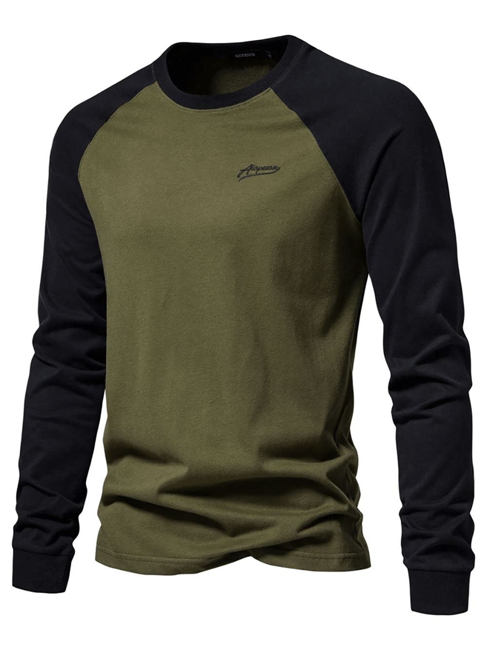 Men's Long-Sleeved O-Neck Patchwork Cotton Top in olive and black. Stylish and casual full-sleeve tee ideal for spring and autumn.