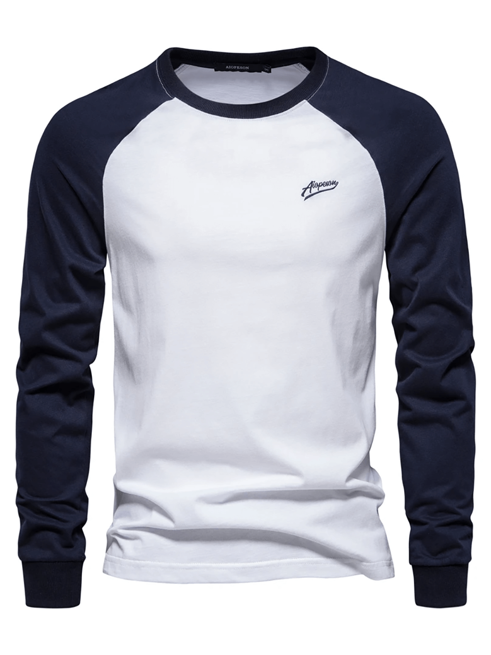 Men's long-sleeved O-neck patchwork cotton top in white and navy, with classic fit and stylish design for casual wear.