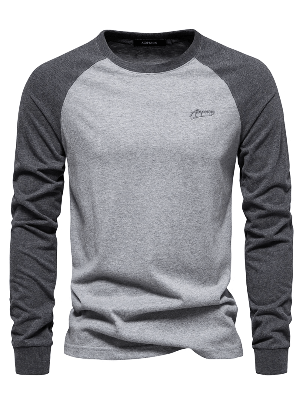 Men's long-sleeved O-neck patchwork cotton top in grey shades, ideal for casual spring and autumn wear, featuring full sleeves and stylish design.