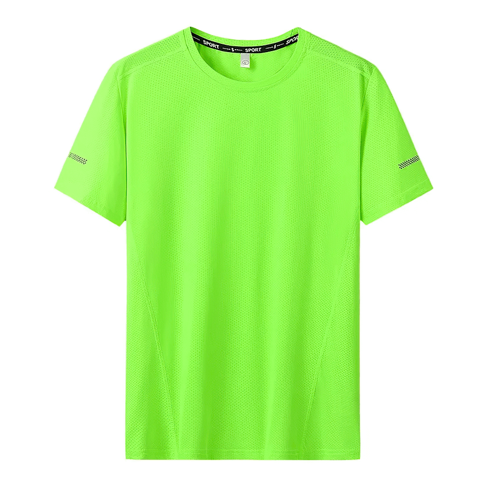 Neon green men's loose fit quick-dry short sleeve active t-shirt, perfect for sports, gym, and outdoor activities. O-neck design.