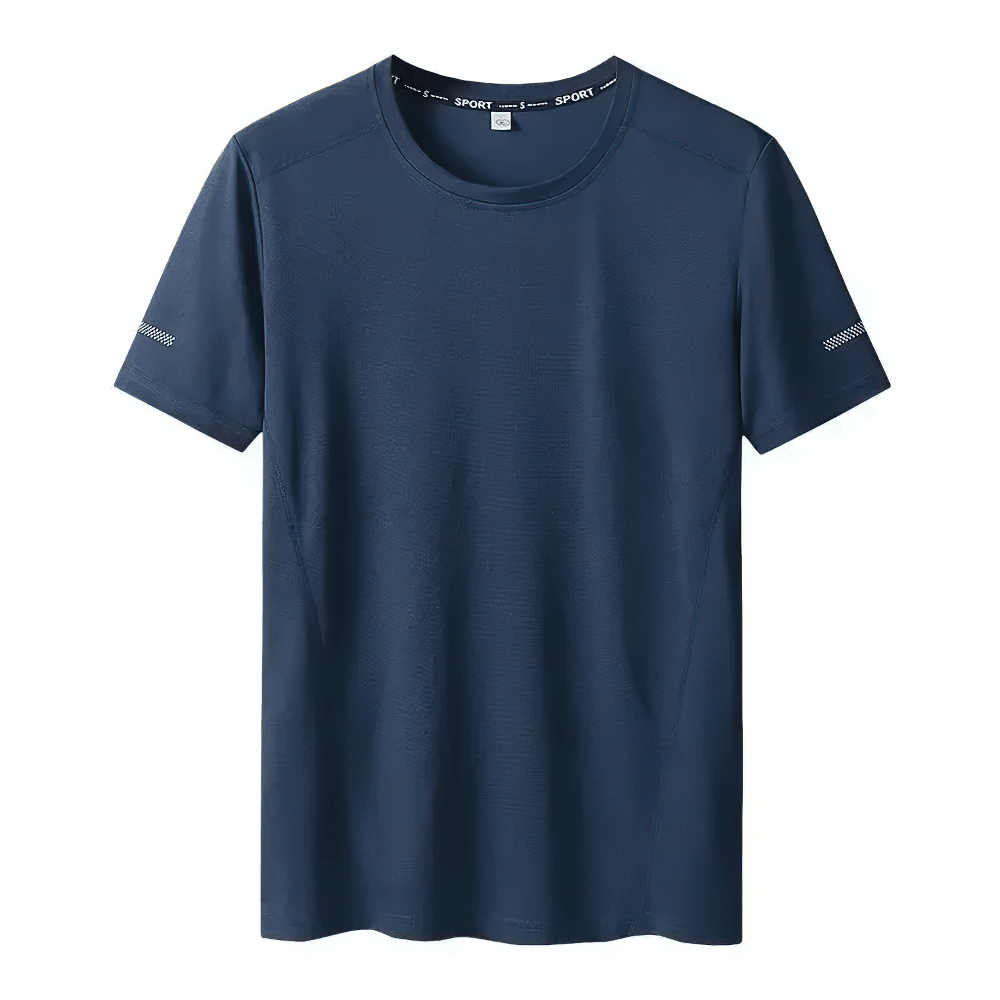 Men's navy blue loose fit quick-dry short sleeve active T-shirt, ideal for workouts and outdoor activities.