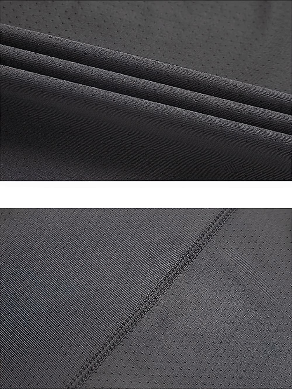 Close-up view of breathable quick-dry polyester fabric for men's loose fit short sleeve active t-shirt, showing texture and stitching.