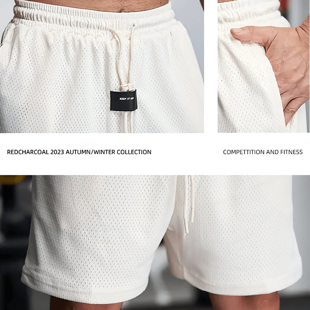 Alt Tag: Men's Mesh Gym and Training Shorts with Pockets - SF4478 white perforated mesh workout shorts with drawstring waistband and pockets