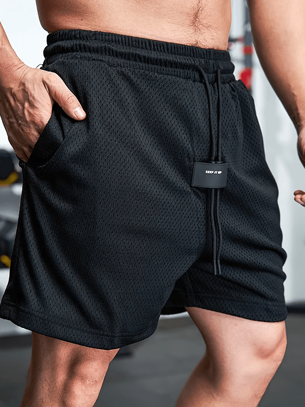 Alt Tag: Men's Mesh Gym and Training Shorts with Pockets - SF4478 black breathable mesh workout shorts with drawstring waistband and side pocket