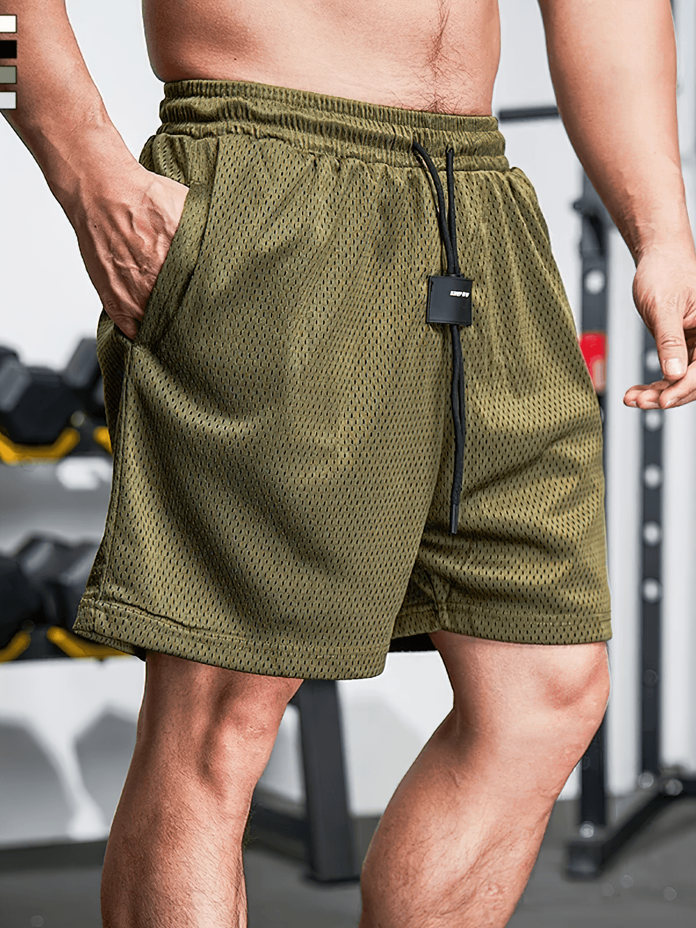 Alt Tag: Men's Mesh Gym and Training Shorts with Pockets - SF4478 olive green breathable mesh workout shorts with pockets and drawstring waistband