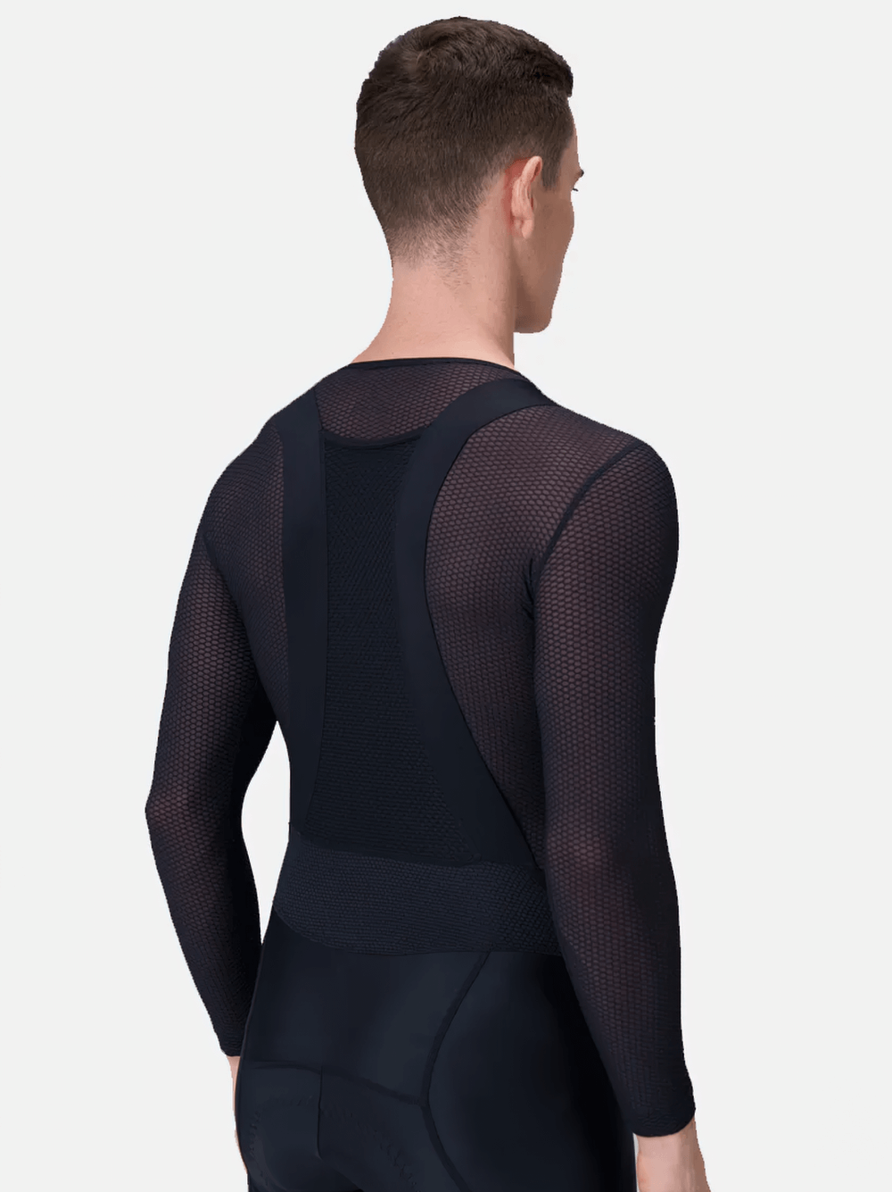 Men's mesh long-sleeved cycling base layer with quick-drying polyester for enhanced ventilation and comfort during rides.