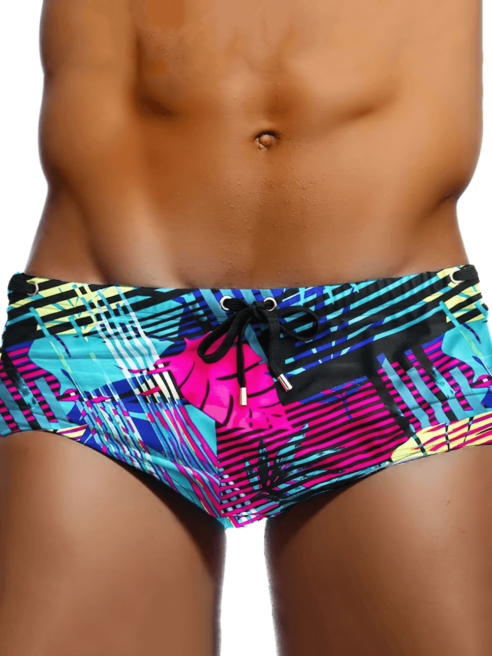 Men's Neon Leaf Print Swim Trunks with Drawstring - SF4712 featuring vibrant tropical colors and a sleek design.
