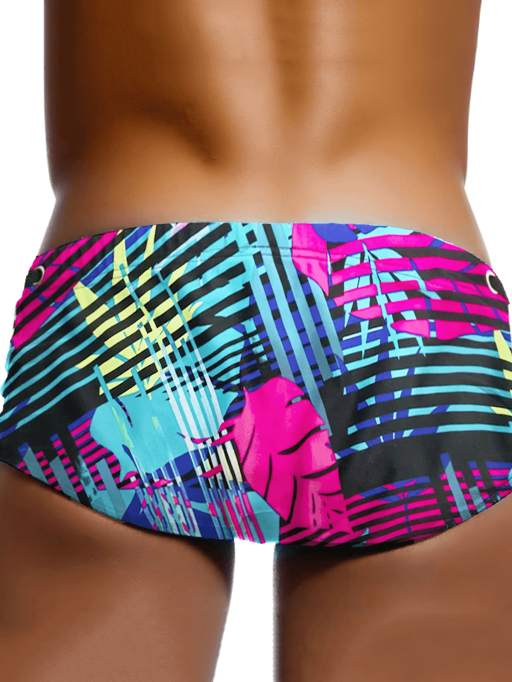 Men's Neon Leaf Print Swim Trunks with Drawstring - SF4712 showcasing vibrant tropical design from the back.