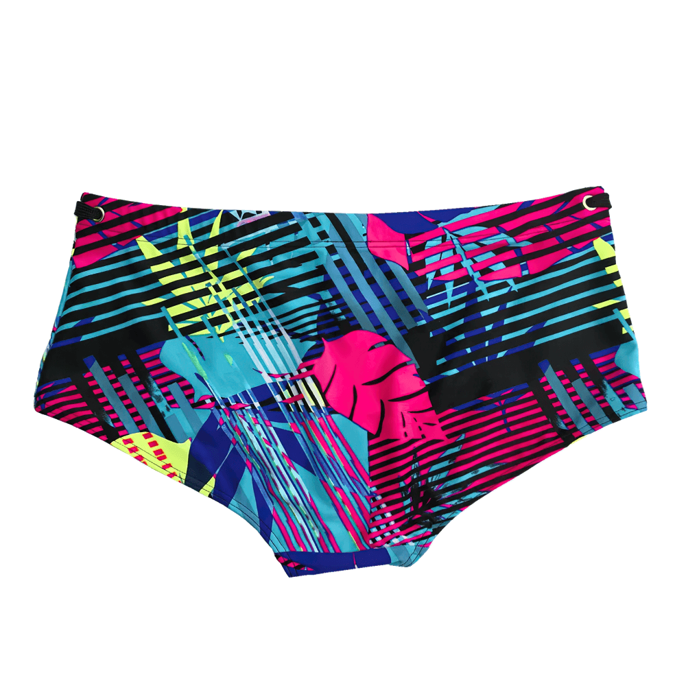 Men's Neon Leaf Print Swim Trunks with Drawstring - SF4712 in vibrant tropical colors and bold patterns.