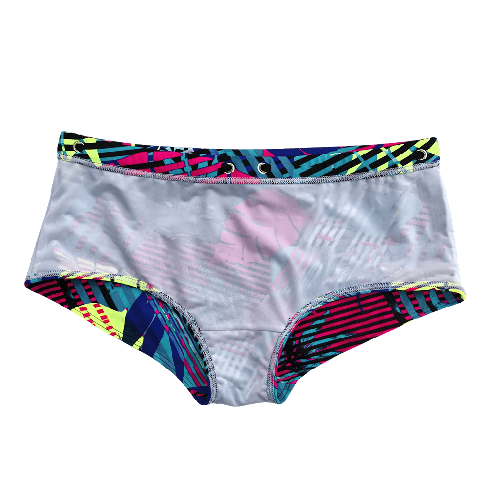 Men's Neon Leaf Print Swim Trunks with Drawstring - SF4712 featuring vibrant neon colors and tropical leaf design.
