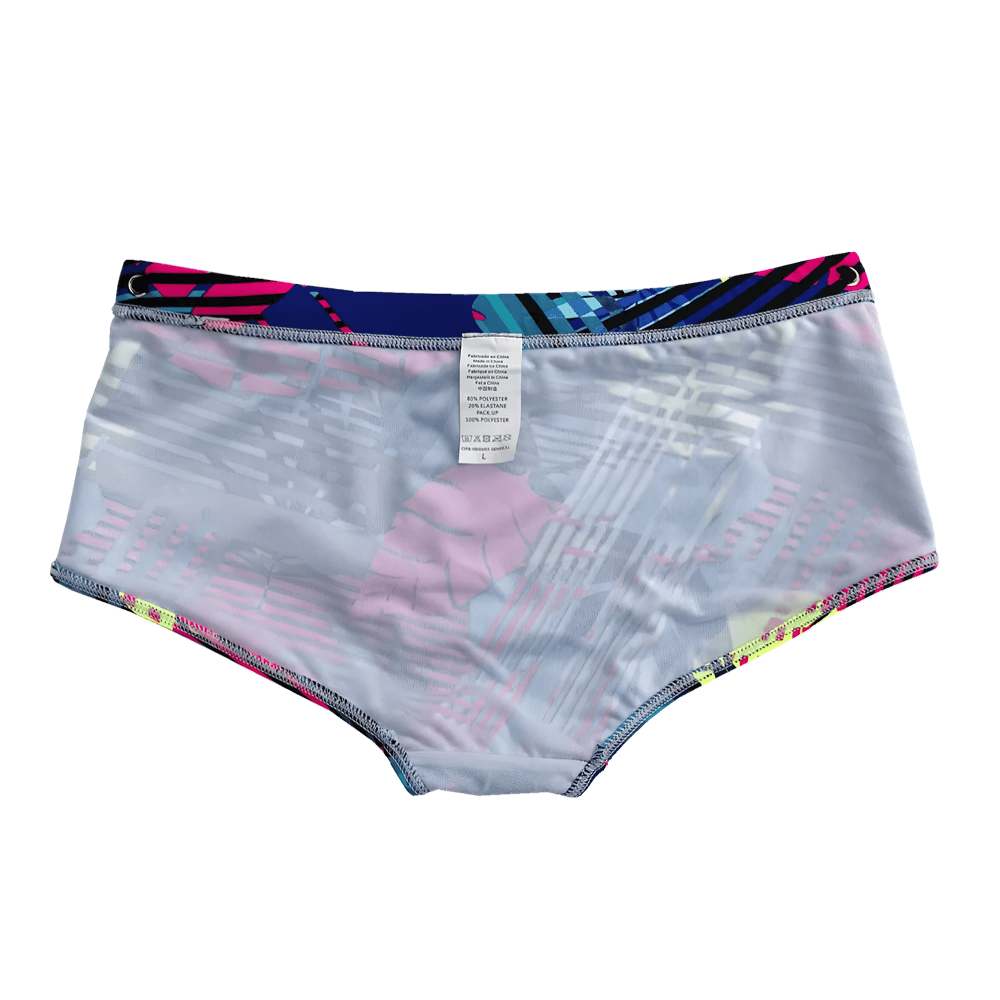 Men's Neon Leaf Print Swim Trunks with Drawstring - SF4712 featuring a vibrant neon tropical print.