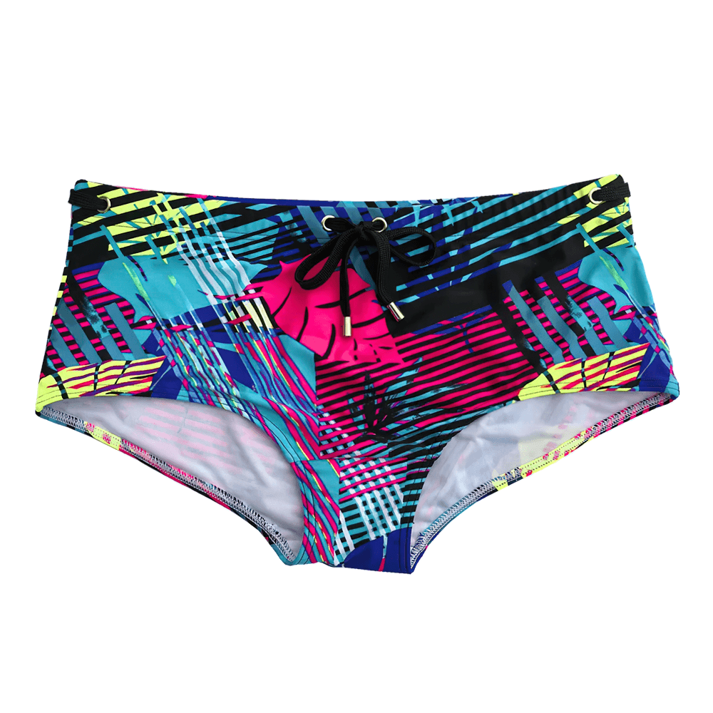 Men's Neon Leaf Print Swim Trunks with Drawstring - SF4712 in vibrant neon colors for beach fun.