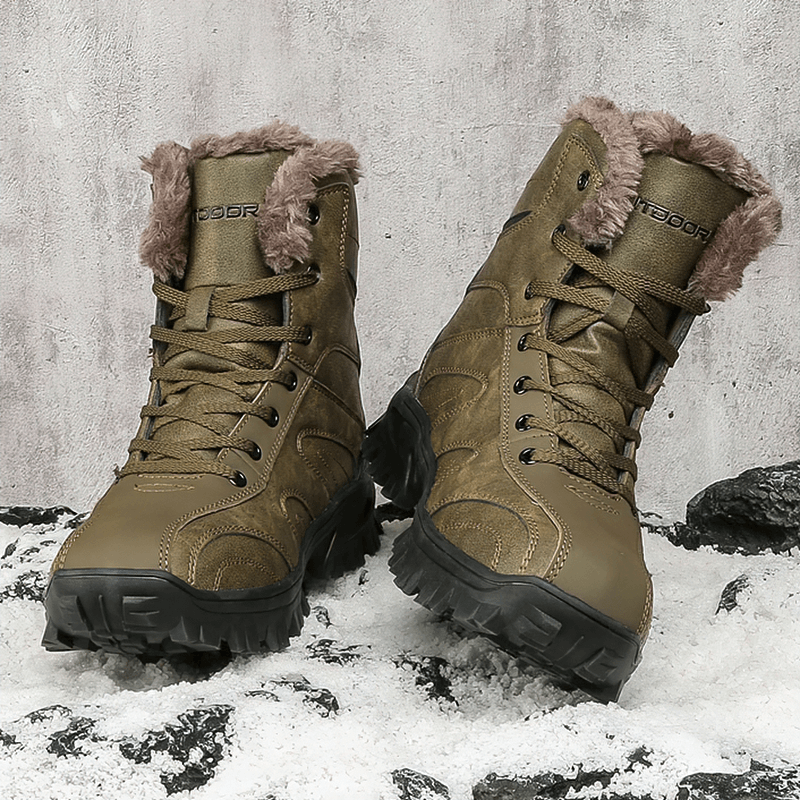 Men's non-slip motorcycle hiking shoes with plush lining, durable leather, and sturdy rubber outsole for grip on snowy surface.