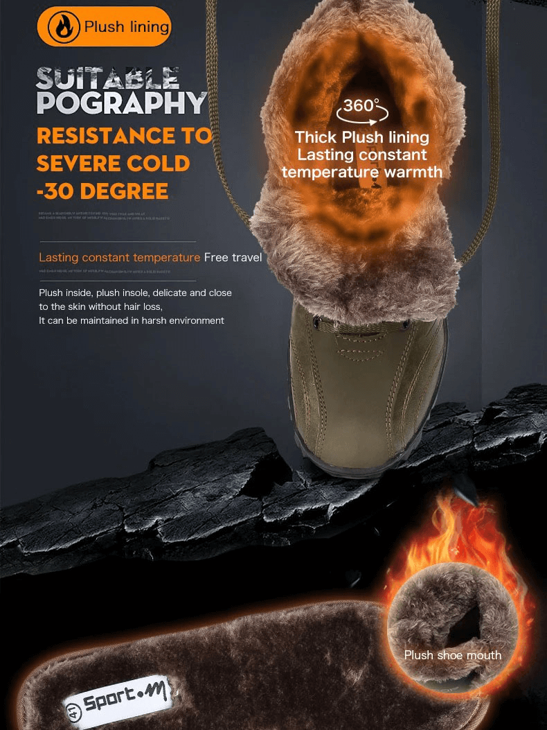 Men's non-slip motorcycle hiking shoe with plush lining, suitable for severe cold up to -30 degrees, showcasing durable and warm design.