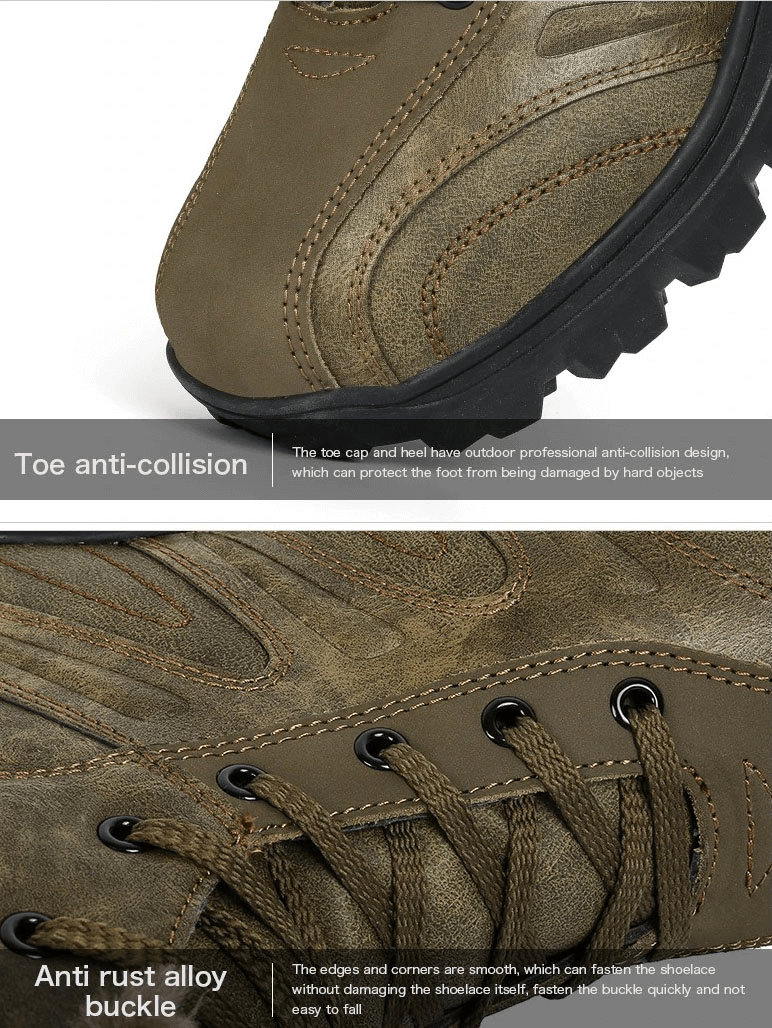 Close-up of Men's Non-slip Motorcycle Hiking Shoes SF1862 with anti-collision toe cap and anti-rust alloy buckle.
