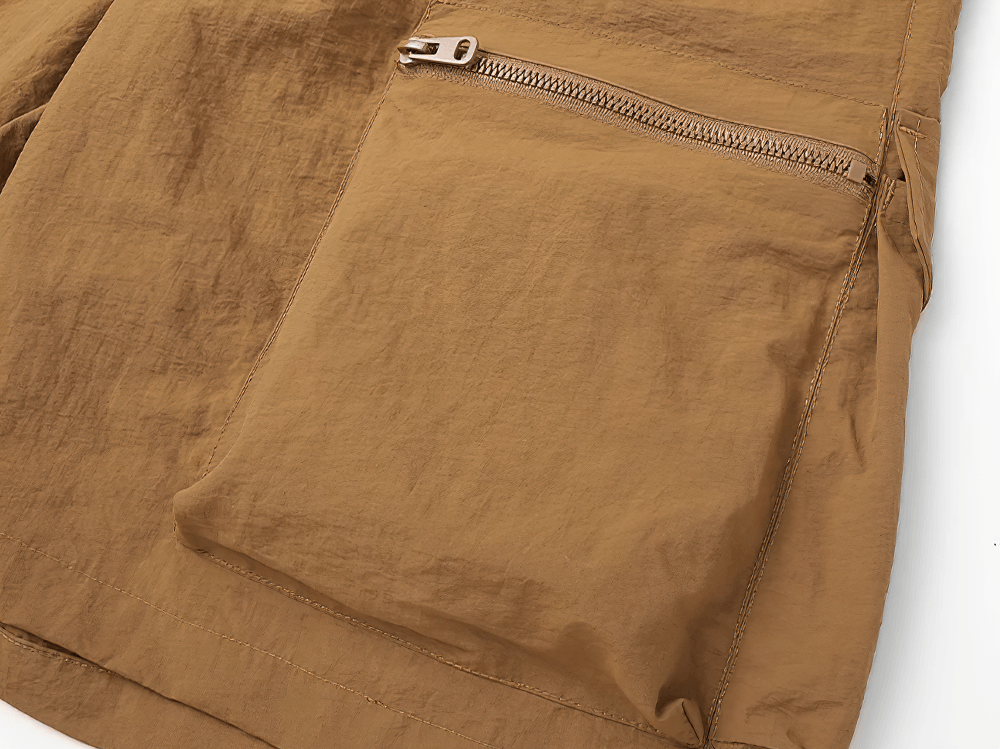 Alt Tag: Men's Outdoor Drawstring Shorts with Cargo Pockets - SF4477 zip cargo pocket detail on lightweight utility shorts