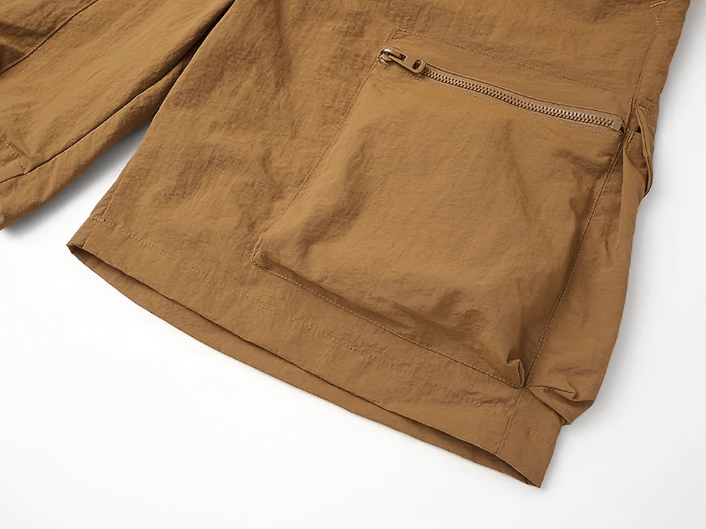 Alt Tag: Men's Outdoor Drawstring Shorts with Cargo Pockets - SF4477 close-up of tan cargo flap pocket with zip detail, lightweight utility fabric