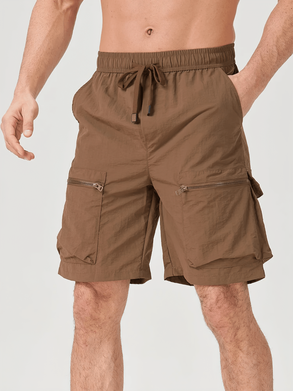 Alt Tag: Men's Outdoor Drawstring Shorts with Cargo Pockets - SF4477 brown utility cargo shorts with elastic waist, zip pocket detail