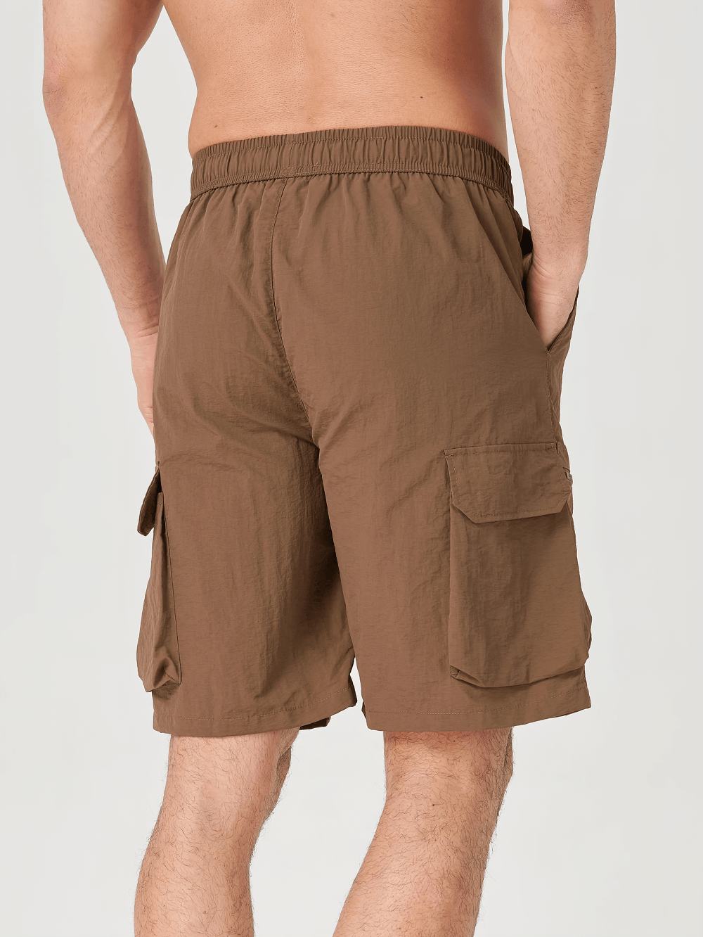 Alt Tag: Men's Outdoor Drawstring Shorts with Cargo Pockets - SF4477 brown utility cargo shorts back view, elastic waist, flap pockets