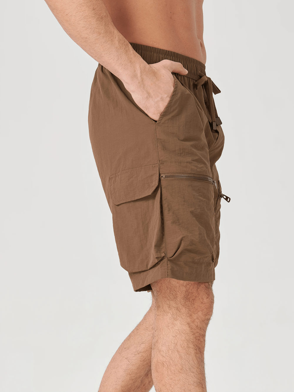 Alt Tag: Men's Outdoor Drawstring Shorts with Cargo Pockets - SF4477 side view brown utility cargo shorts with drawstring waist and flap pockets