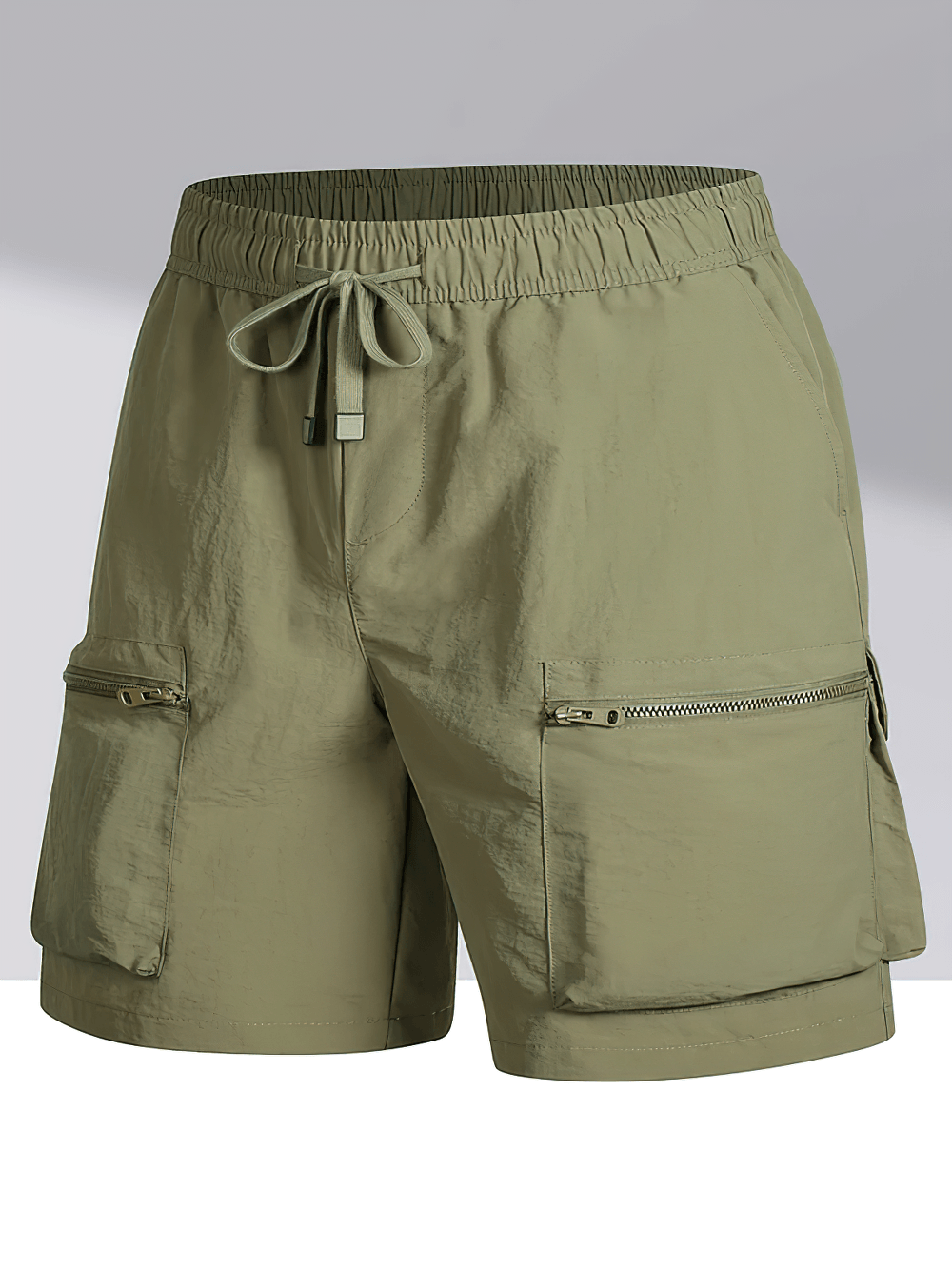Alt Tag: Men's Outdoor Drawstring Shorts with Cargo Pockets - SF4477 olive utility cargo shorts with elastic drawstring waist and zip pockets