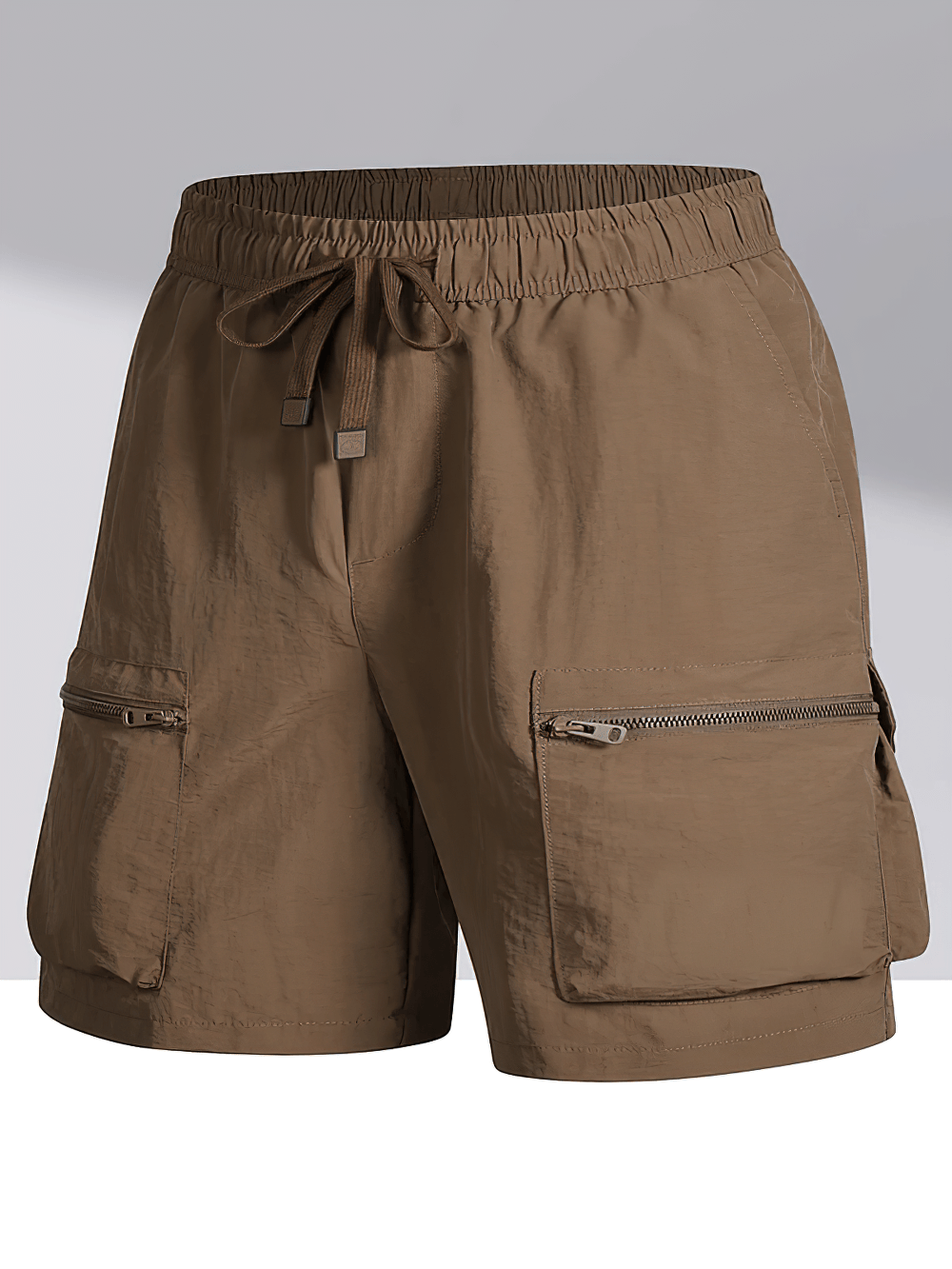 Alt Tag: Men's Outdoor Drawstring Shorts with Cargo Pockets - SF4477 brown utility cargo shorts with elastic waist, flap pockets, zip pocket