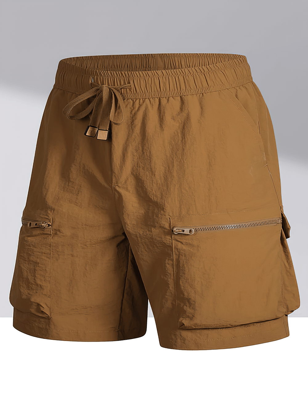 Alt Tag: Men's Outdoor Drawstring Shorts with Cargo Pockets - SF4477 tan utility cargo shorts with elastic waist, flap pockets, zip accents