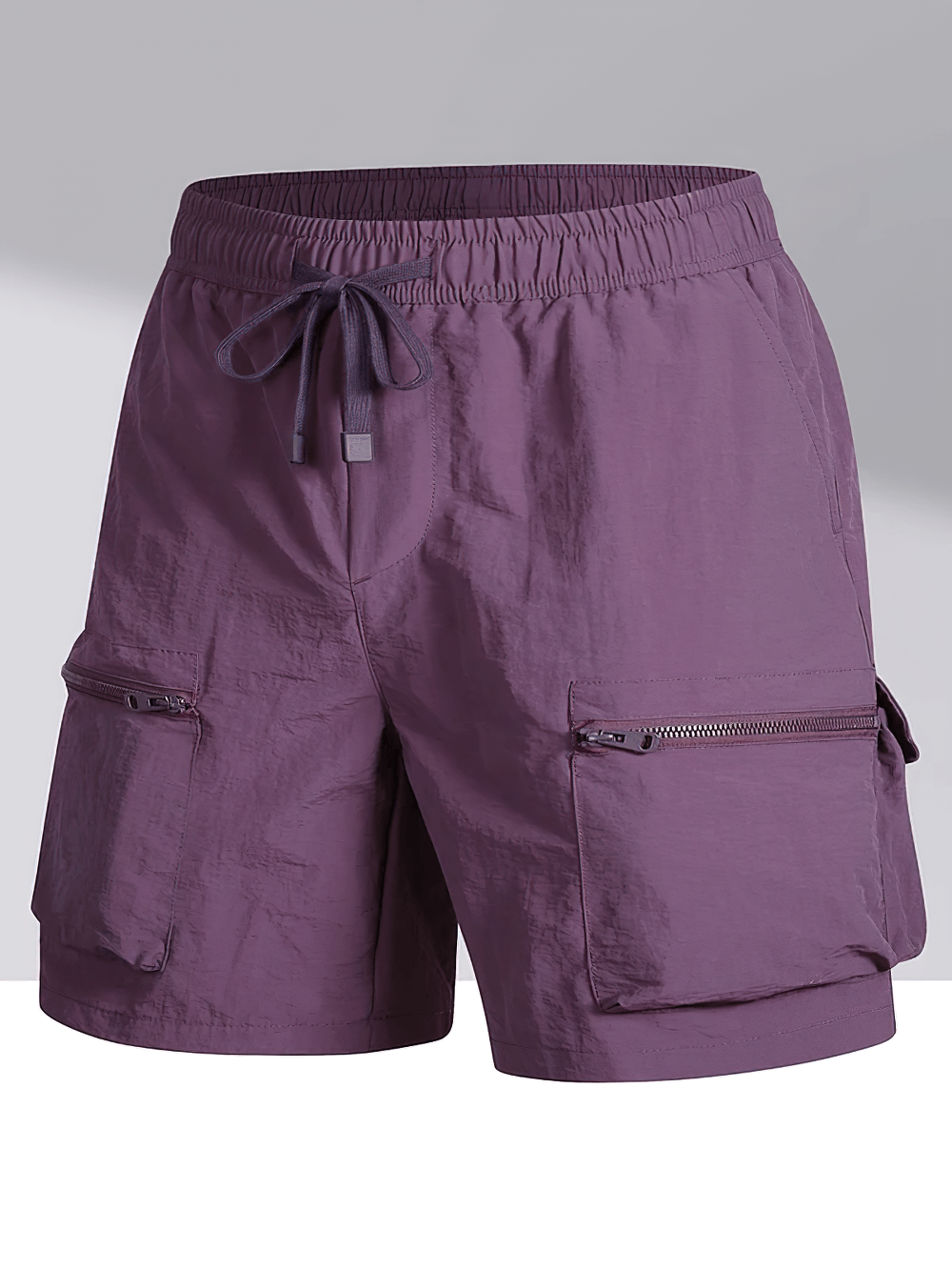 Alt Tag: Men's Outdoor Drawstring Shorts with Cargo Pockets - SF4477 purple utility cargo shorts with elastic waist, drawstring, zip pockets