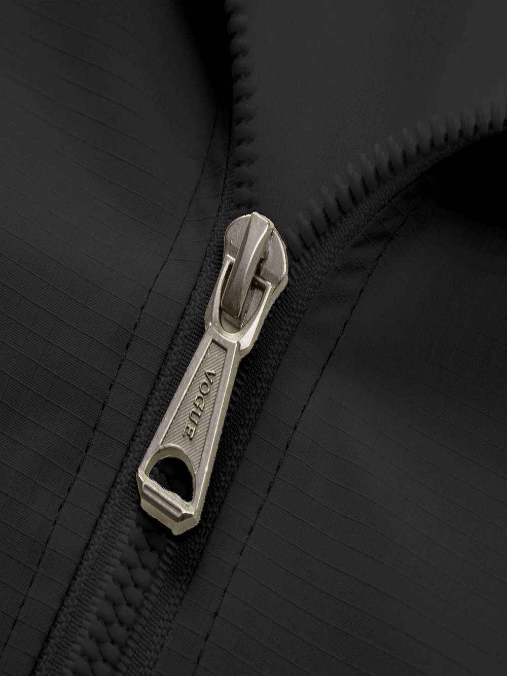 Close-up of zipper on Men's Outdoor Hooded Color Block Windproof Jacket - SF4223, showcasing durable stitching and fabric texture.