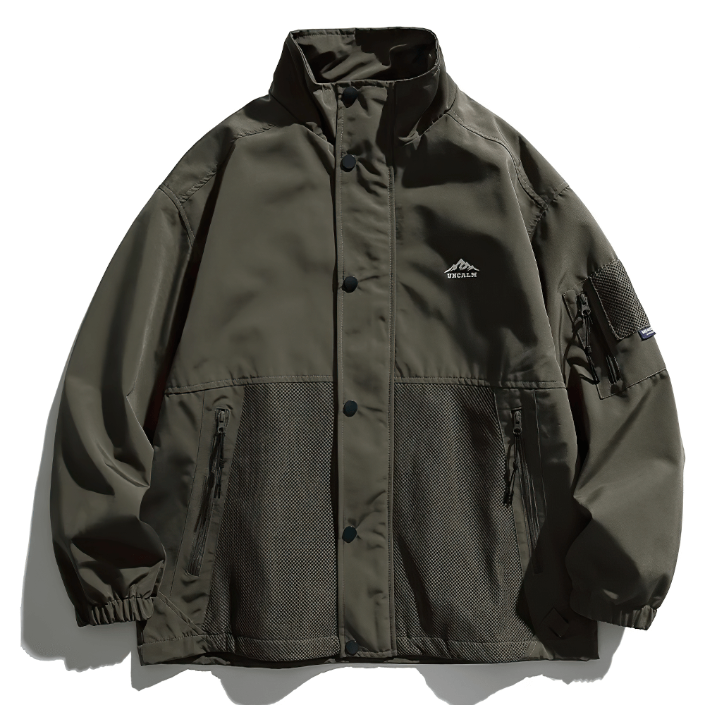 Men's outdoor hiking jacket in dark green with stand collar, waterproof design, and durable polyester for urban and trail adventures.