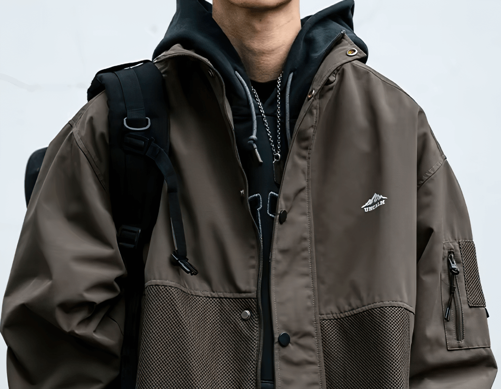 Men's Outdoor Stand Collar Waterproof Hiking Jacket SF2272 - Trendy streetwear coat in durable polyester with zipper closure.