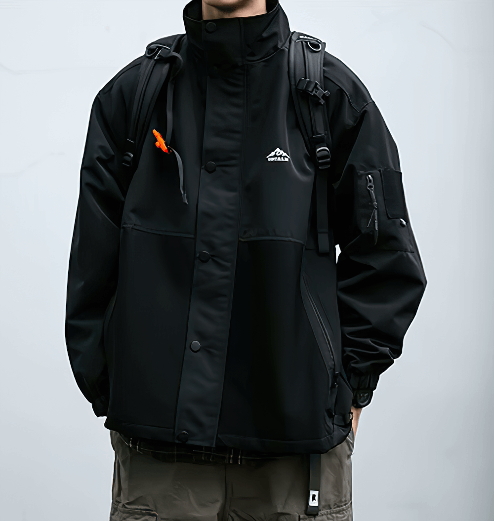 Men's waterproof hiking jacket SF2272 with stand collar, stylish streetwear for urban and trail adventures.