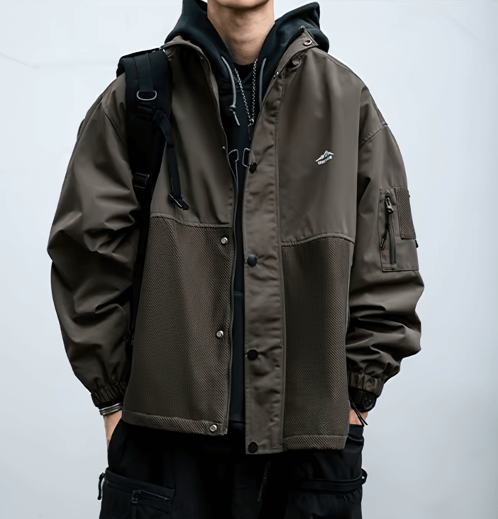 Men's waterproof hiking jacket SF2272 with stand collar and zipper closure, perfect for streetwear and trail adventures.