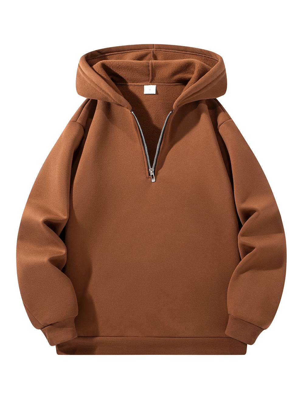 Men's Oversized Half Zip Hoodie with Fleece Lining - SF4647 in brown, featuring a cozy hood and metal zipper.
