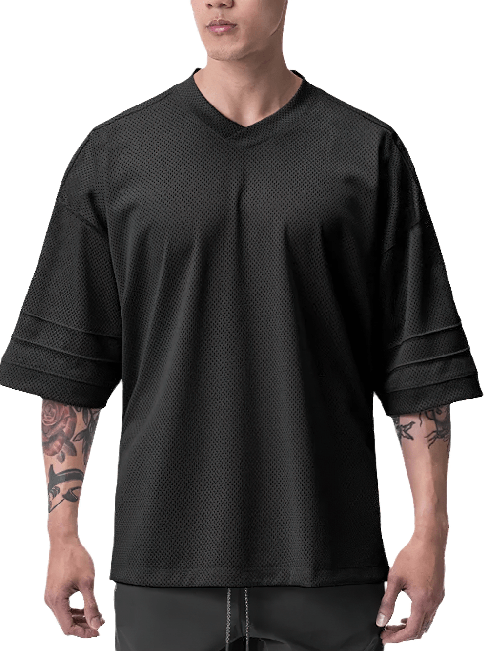 Men's Oversized Mesh Gym T-Shirt for Bodybuilding - SF4752, black, breathable, V-neck, casual fitness style